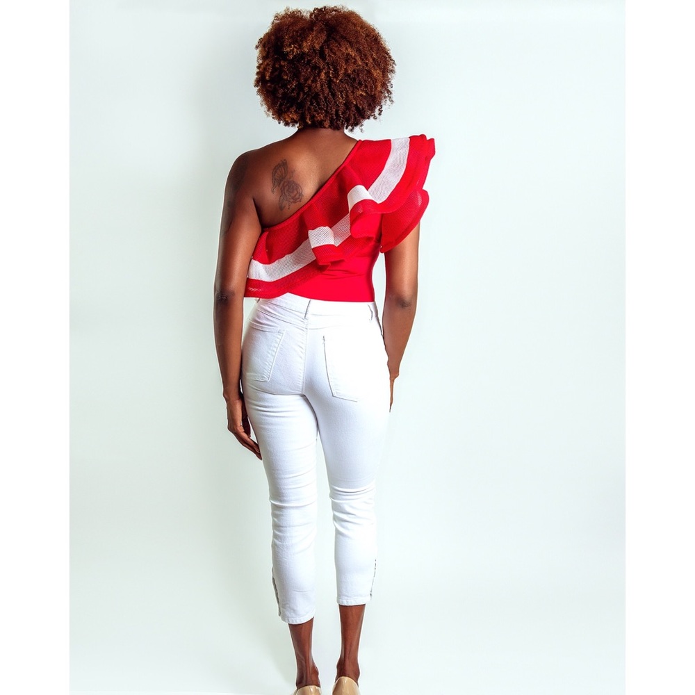Red Mesh Ruffle Bodysuit - Picture 2 of 3